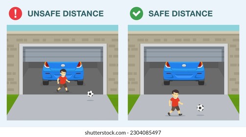 Garage door safety tips and rules. Safe and unsafe distance. Don't play under a moving garage door. Male kid plays with ball while door is closing. Flat vector illustration template.