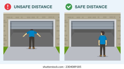 Garage door safety tips and rules. Safe and unsafe distance. Do not stand or walk under moving garage door. Garage door injures male character during closing. Flat vector illustration template.