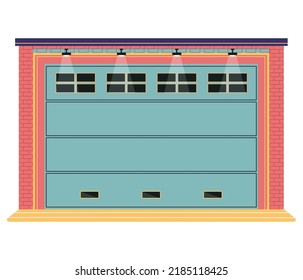 Garage door from various material with mechanical or automatic control system. Roller gate in premises for storing vehicles. Roll door in garage, car house storage isolated on white background