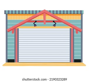 Garage door from various material with mechanical or automatic control system. Roller gate in premises for storing vehicles. Roll door in garage, car house storage isolated on white background