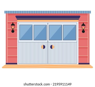 Garage door from various material with mechanical or automatic control system. Roller gate in premises for storing vehicles. Roll door in garage, car house storage isolated on white background