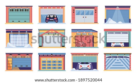 Garage door vector realistic set icon from various material with mechanical or automatic control system isolated. Roller gate on white background. Roll door in garage. Doors of car house storage