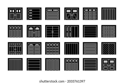 Garage doors closed. Flat icon set. Various types of warehouse or workshop gates. Vector illustration with exterior design signs. Isolated objects on white background