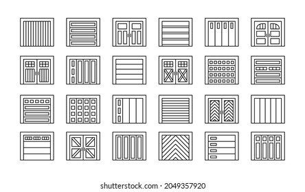 Garage doors closed. Line icon set. Various types of warehouse or workshop gates. Vector illustration with exterior design signs. Isolated objects on white background