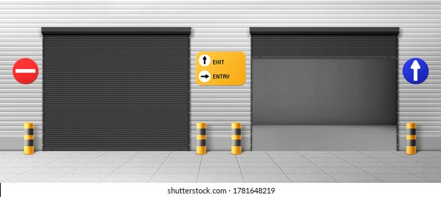 Garage Doors, Commercial Hangar Entrances With Roller Shutters And Signs. Warehouse Close, Open Boxes, Realistic 3d Vector Storage For Car Parking Or Rent, Rooms For Repair Service With Metal Doorways