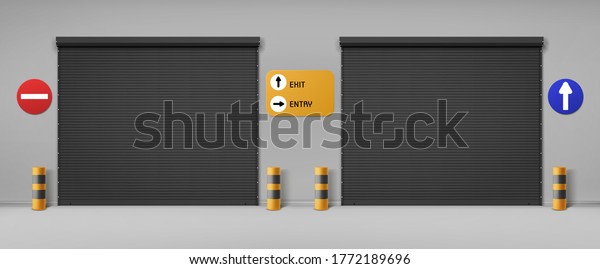 Garage doors, commercial hangar entrances with\
roller shutters and signs. Warehouse close boxes, Realistic 3d\
vector storage for car parking or rent, rooms for repair service\
with metal doorways