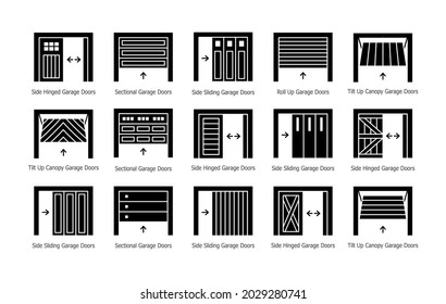 Garage doors half opened. Flat silhouette icon vector set. Different types of warehouse or workshop gates. Exterior design signs. Isolated objects on white background