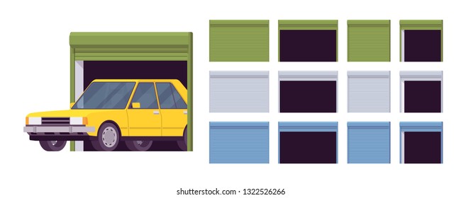 Garage doors, metal roller system set, car entrance to building housing a vehicle. Contemporary suburban home design. Vector flat style cartoon illustration isolated, white background, different views