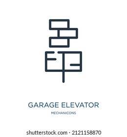 icono de línea delgada del ascensor del garaje. auto, iconos lineales de garaje del concepto de mecánicos de señalización de contorno aislado. Elemento de símbolo de ilustración vectorial para diseño web y aplicaciones.