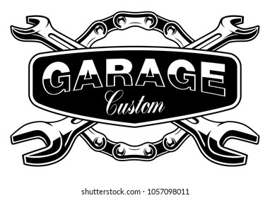 Garage emblem with motorcycle chain and wrenches on white background. Text is on the separate group.