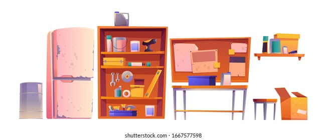 Garage equipment for carpentry and repair works. Vector cartoon interior of workshop or storeroom, set of construction tools, table, shelves and old refrigerator isolated on white background