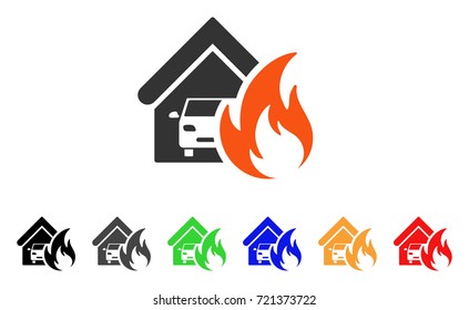 Garage Fire Disaster icon. Vector illustration style is a flat iconic garage fire disaster symbol with black, grey, green, blue, red, orange color versions. Designed for web and software interfaces.