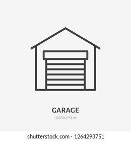 Garage flat line icon. Vector thin sign of storehouse, building exterior, rent logo. Real estate illustration.