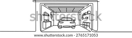 Garage graphic black white interior. one line art icon drawing vector
