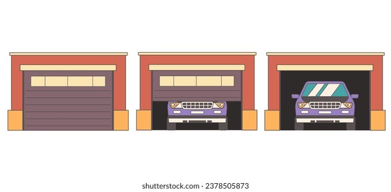 Garage home house door open steps parking front view isolated set. Vector flat graphic design illustration