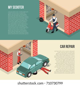 Garage horizontal isometric banners including person with scooter and men doing car repair isolated vector illustration