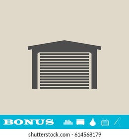 Garage icon flat. Grey pictogram on light background. Vector illustration symbol and bonus button real estate, ottoman, vase, tv, fishing rod