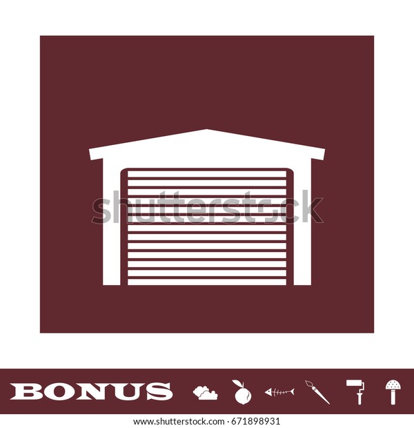 Garage icon flat. White pictogram\
on brown background. Vector illustration symbol and bonus\
icons