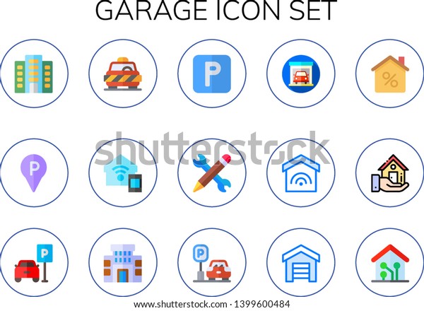 garage icon set. 15 flat garage icons. \
Simple modern icons about  - apartment, parking, smart home,\
repair, smart house, mortgage, real estate,\
building