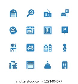 garage icon set. Collection of 16 filled garage icons included Building, Garage, Parking, Buildings, Fixed, Rental, Real estate