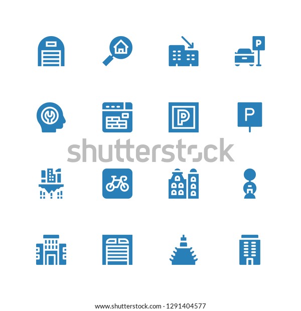 garage icon set. Collection of 16 filled garage\
icons included Building, Garage, Parking, Buildings, Fixed, Rental,\
Real estate