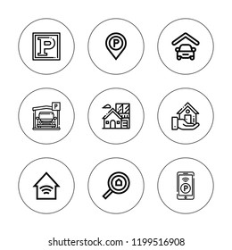 Garage icon set. collection of 9 outline garage icons with garage, parking sign, parking, real estate icons. editable icons.