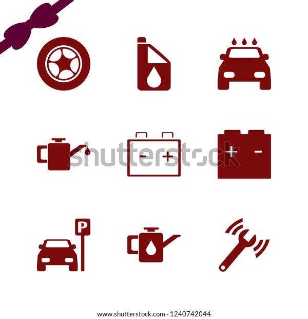 garage icon. garage vector icons set\
diagnostycs wrench, car battery, car wheel and car\
oil