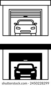 Garage icons. Black and White Vector Icons of Garage Building with Car Inside. Real estate. Transport Concept