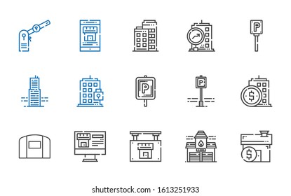 garage icons set. Collection of garage with mortgage, fire station, real estate, hangar, building, parking. Editable and scalable garage icons.