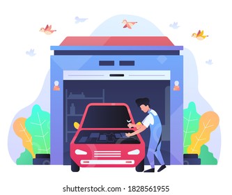 Garage Illustration, Mechanic do Maintenance and Repair to a Car.