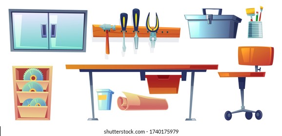 Garage instruments, tools for carpentry and repair works. Screwdriver, pliers and hammer hanging on board, workbench, blade for circular saw, toolbox and paint brushes. Cartoon vector illustration