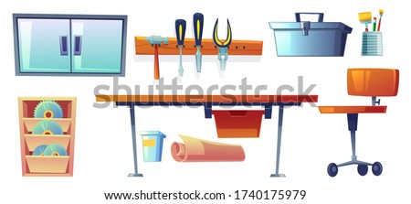 Garage instruments, tools for carpentry and repair works. Screwdriver, pliers and hammer hanging on board, workbench, blade for circular saw, toolbox and paint brushes. Cartoon vector illustration