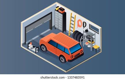 Garage interior banner. Isometric illustration of garage interior vector banner for web design