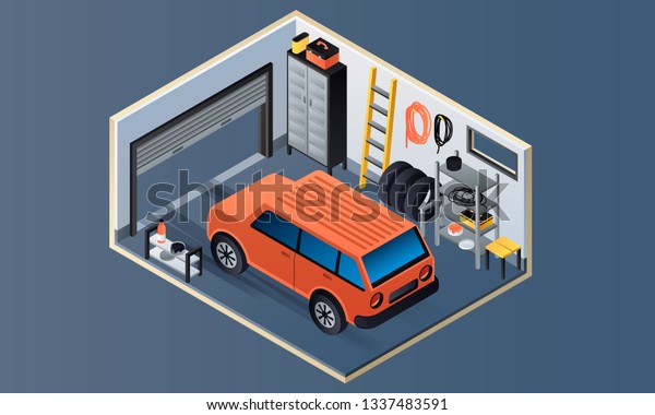 Garage interior banner. Isometric
illustration of garage interior vector banner for web
design