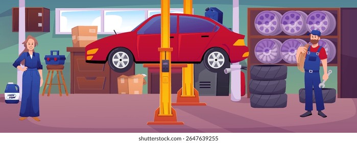 Garagem interior com carro no mecanismo de elevação e reparador, auto mecânico. Sala de armazenamento com equipamento de auto e reparação, pneus, ferramentas. Ilustração em plano vetorial