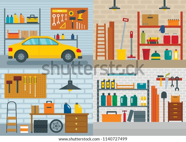 Garage\
interior car room banner concept set. Flat illustration of 4 garage\
interior car room vector banner concepts for\
web
