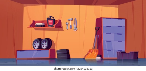 Garage interior design. Vector cartoon illustration of auto repair shop or storage room with car tires, tools, household equipment, oil can, shelves, boxes. Private building for vehicle with furniture