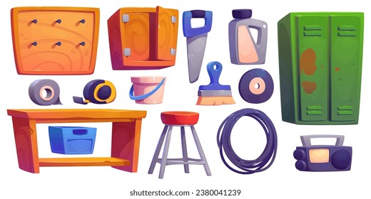 Garage interior elements set isolated on white background. Vector cartoon illustration of workshop equipment, wooden board for tools, desk, stool, saw, plastic container, brush and paint, metal locker