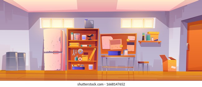 Garage interior with equipment for carpentry and repair works. Vector cartoon illustration of workshop or storeroom with construction tools, table, shelves with instruments and old refrigerator