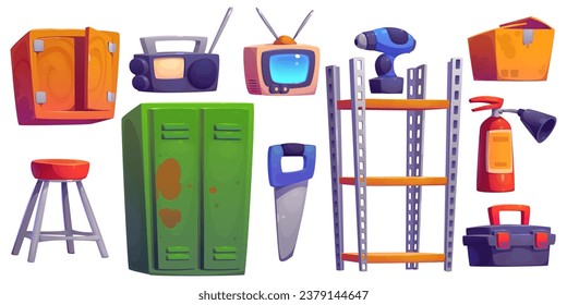 Garage interior furniture and working tools. Cartoon vector illustration set of storeroom, car repair and workspace equipment - storage cabinet and rack, toolbox and instruments, old radio and tv.