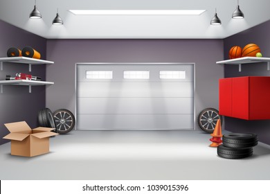 Garage interior in grey color realistic composition with sports equipment, automobile wheels, road cones 3d vector illustration