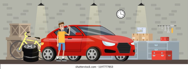 Garage Interior In The House With Red Car. Man Repair Automobile. Fixing Vehicle And Changing Tire. Bicycle Standing At The Wall. Vector Flat Illustration