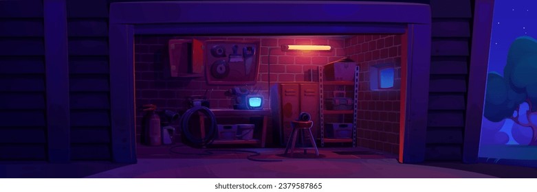 Garage interior inside at night cartoon background. House storage for repair tool, maintenance equipment and storeroom furniture dark indoor scene. Entrance to household parking with extinguisher