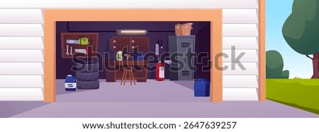 Garage interior, locker storage room with auto and repair equipment, jerrican, tires, tools, boxes, stuff. Vector cartoon illustration. Private building for car with furniture and inventory inside