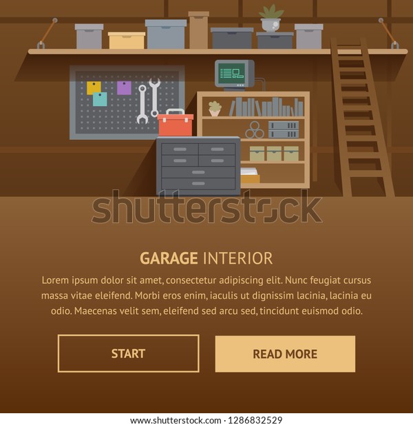 Garage Interior Machine Service Flat Banner Stock Vector Royalty