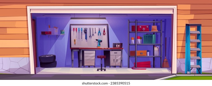 Garage interior with mechanic tools. Vector cartoon illustration of home workshop design, repair equipment on shelves, wrenches on wall, radio and screwdriver on desk, metal drawer for instruments