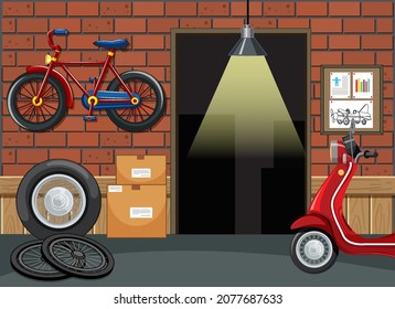 Garage interior with motorcycle and bicycle illustration