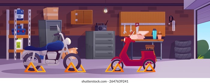 Garagem interior com motocicleta e ciclomotor. Sala de armazenamento com equipamento de auto e reparação, pneus, ferramentas. Ilustração de desenho animado vetorial. Edifício privado para carro com móveis e inventário dentro