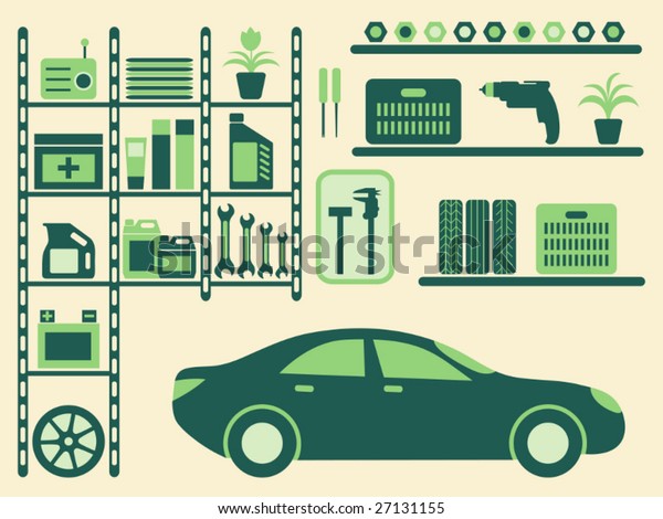 Garage interior and objects silhouettes\
set. Vector\
illustration.