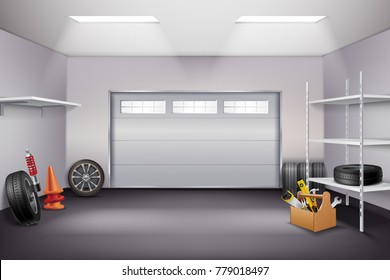 Garage interior realistic composition with tyres and instruments realistic vector illustration